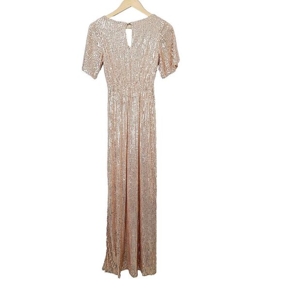 Baltic Born Dress XS Gold Sequin Short Sleeve Elastic Waist Long Maxi Gown - Picture 3 of 10